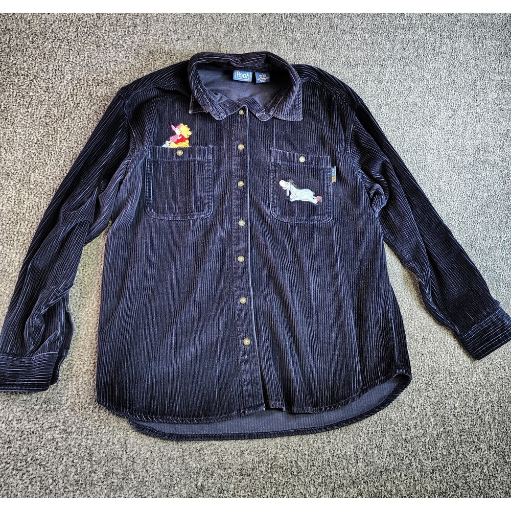 Vtg 90s Pooh Winnie the Pooh Button Up Corduroy Shirt Shacket Navy Blue Large